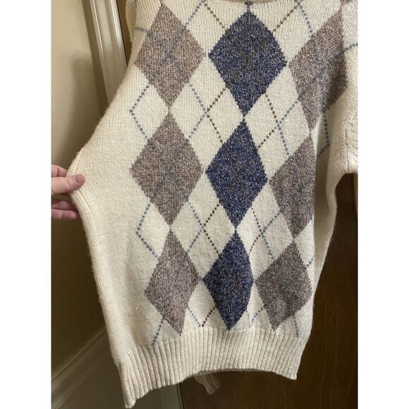 Vintage Par Four Sportswear Ivory Argyle Print Wool V-Neck Sweater Tall LT 42-44 - Picture 5 of 11